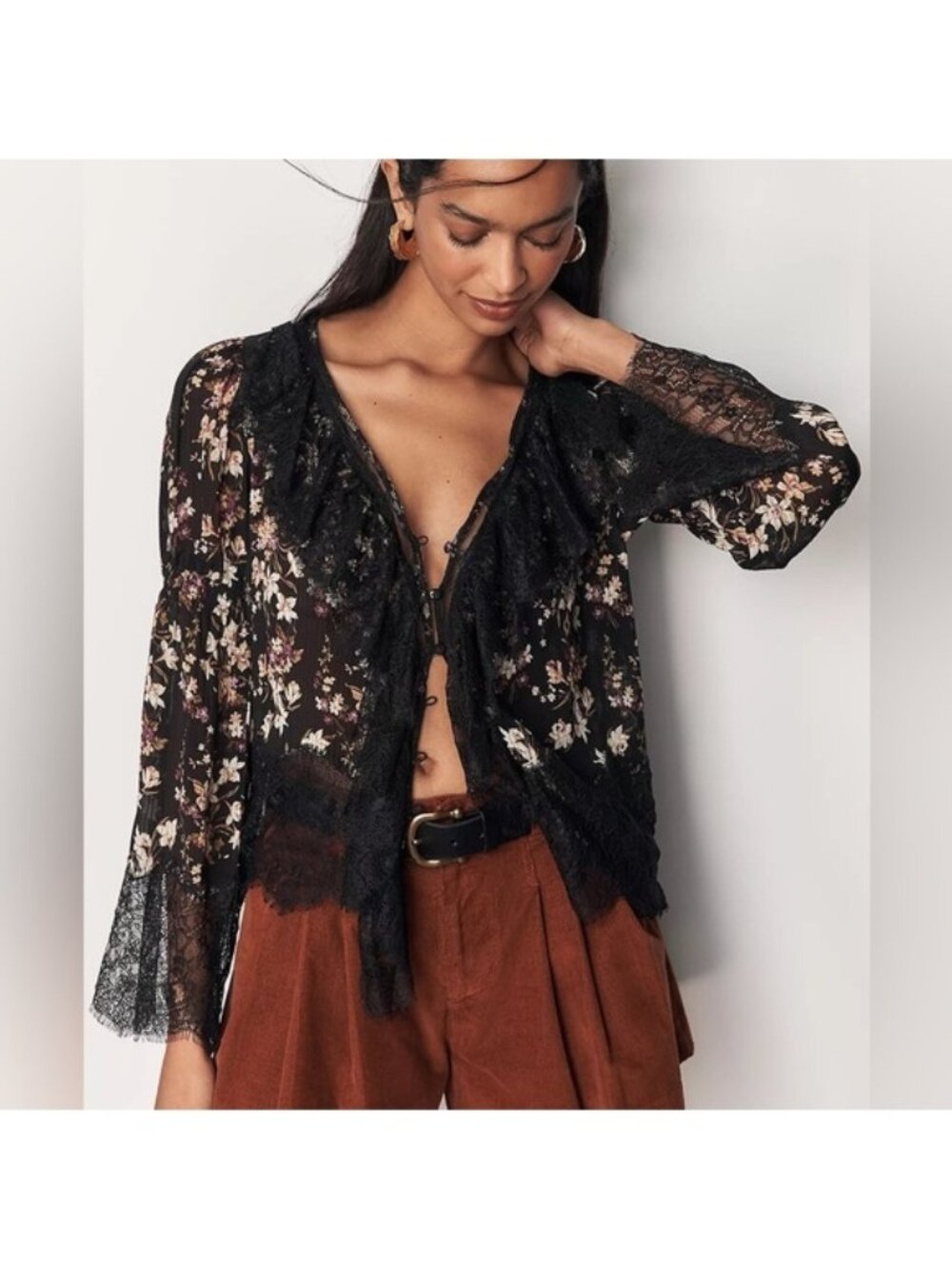 NWT By Anthropologie Size Small Sheer Ruffled Lace Blouse MSRP $128